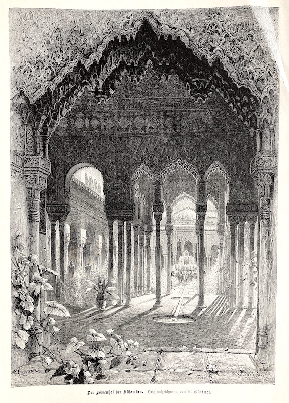 Der Lowenhof der Alhambra, Originalzeichunng von R. Büttner / El Patio de los Leones de la Alhambra, basado en la obra original de R. Büttner